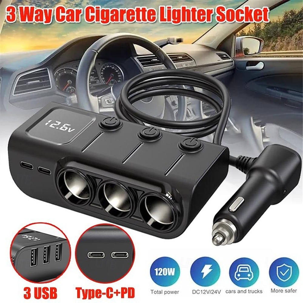 3 Way Car Cigarette Lighter Socket Splitter DC 12V/24V Power Charger Adapter with 3 USB Ports  1 Type-C Port  1 PD Fast Charge Port 2025 - $35.99 –P1