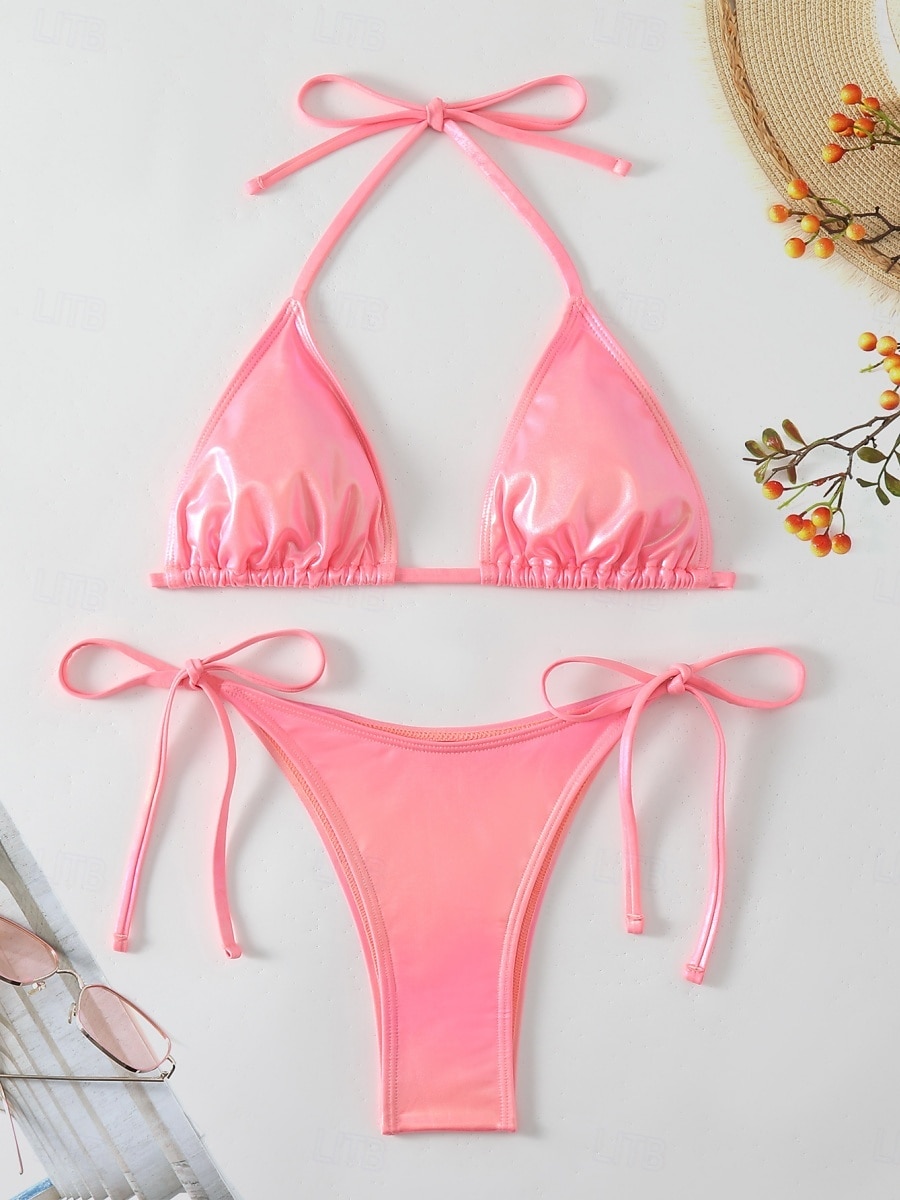 Dames Zwemkleding Bikini 2 stuks String Zwempak Blote rug Slank Vakantie Strand Kleding Effen Kleur Halternek Mouwloos Badpakken 2025 - $25.99 –P4