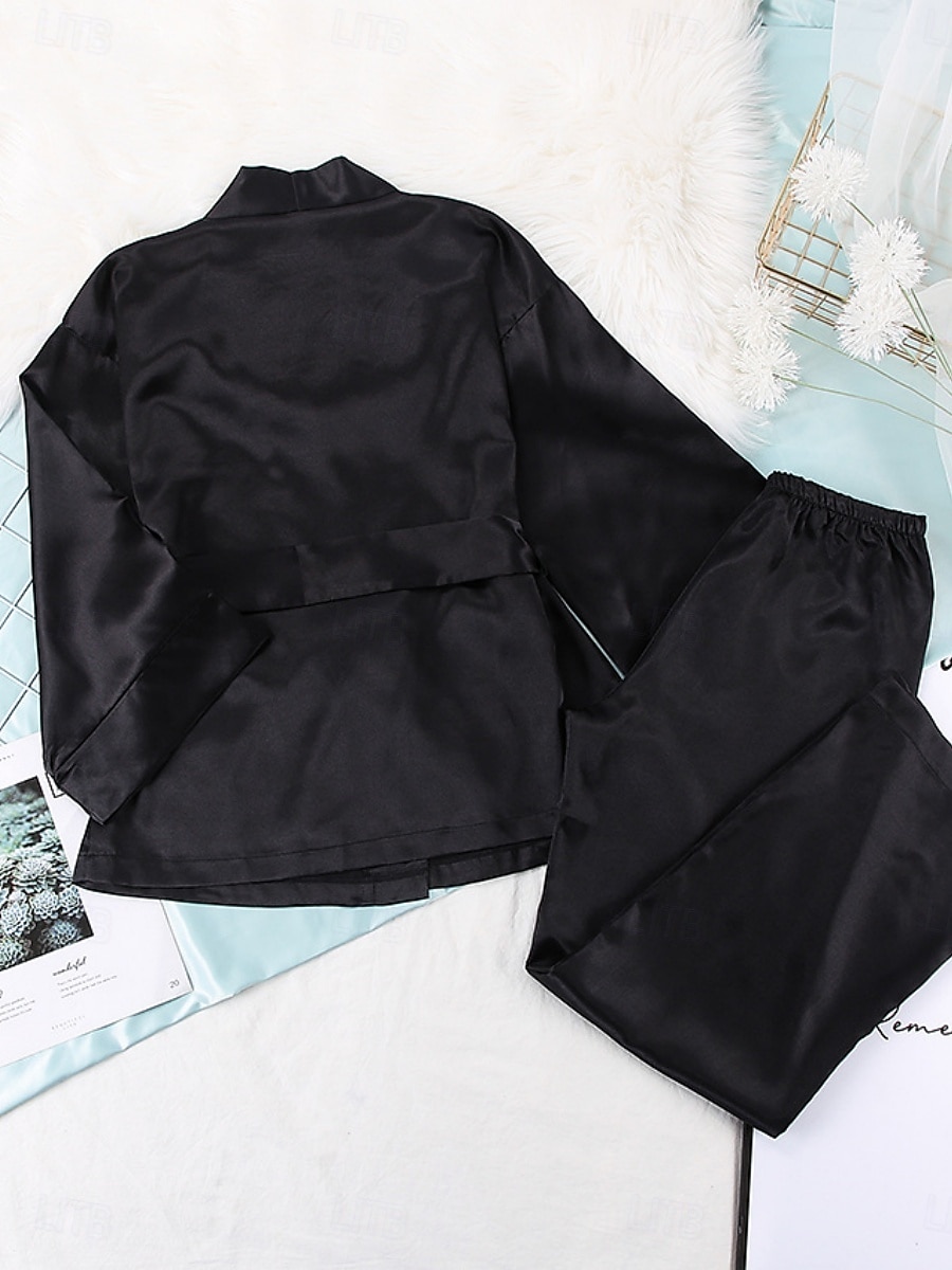 Per donna Set pigiama Informale Comoda Colore puro Vita elastica Top dell'accappatoio Pantalone Interni Giornaliero Mezza manica A V Nero Blu Verde Estate Primavera Autunno Standard del 2025 a $24.99 –P5