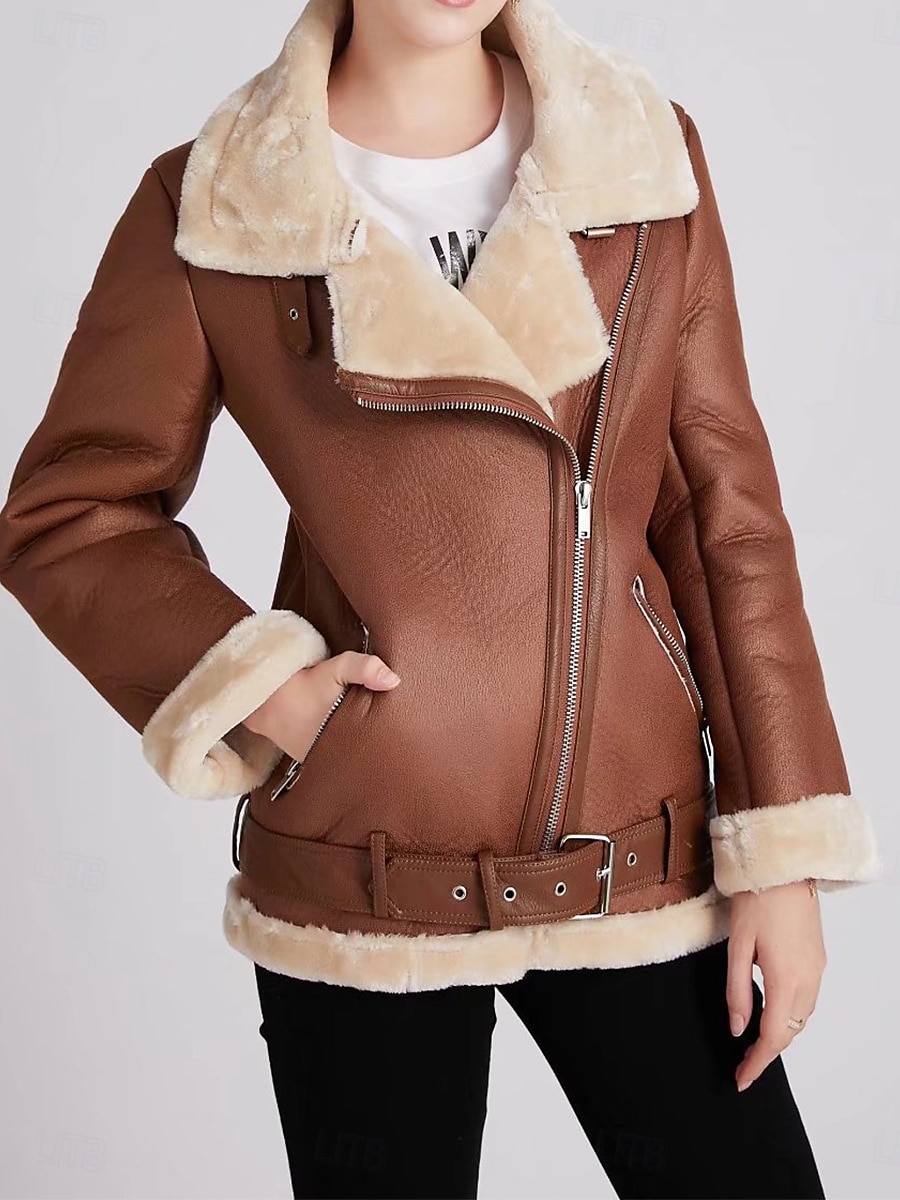 Damen Lederjacke Kunstlederjacke Wintermantel Winterjacke Windundurchlässig warm halten Patchwork Modisch Feste Farbe Strasse Casual Standard Umlegekragen Regular Fit Langarm Oberbekleidung Schwarz 2025 - $104.99 –P1