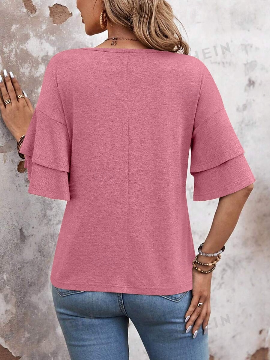 Dame T skjorte عادي Mote Moderne Fritid 3/4 ermer V-hals Vanlige topper Daglig Helg Drapering Rosa Navyblå Kakifarget Sommer Vår 2025 - $29.99 –P13