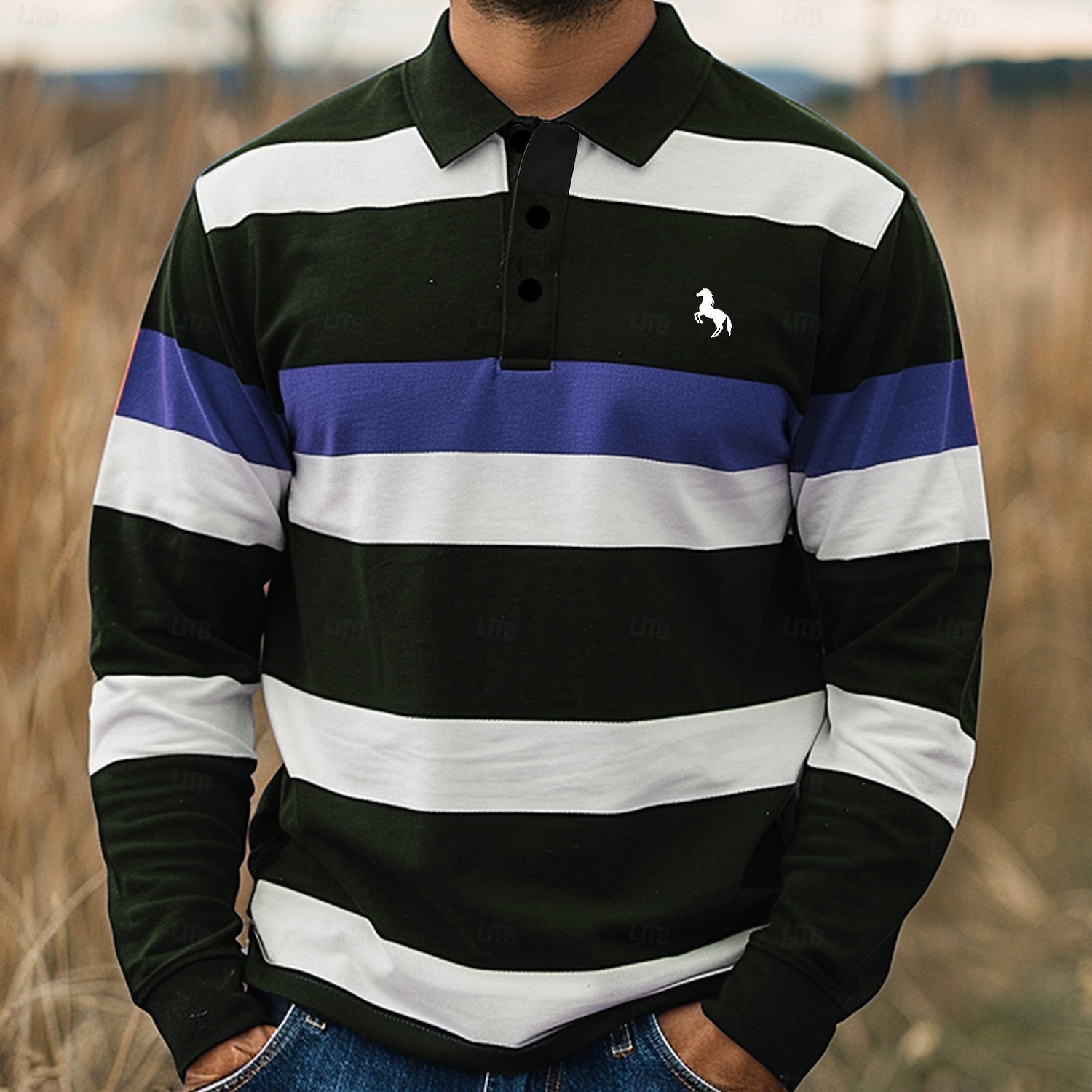 Herr Randig Rugby pikétröjor Långärmad Polotröjor Krage Business Casual Formell Utomhus Gata Vardag Knappar 3D-utskrift Vår Höst Vinter Rubinrött Blå Purpur 2025 - $22.99 –P3