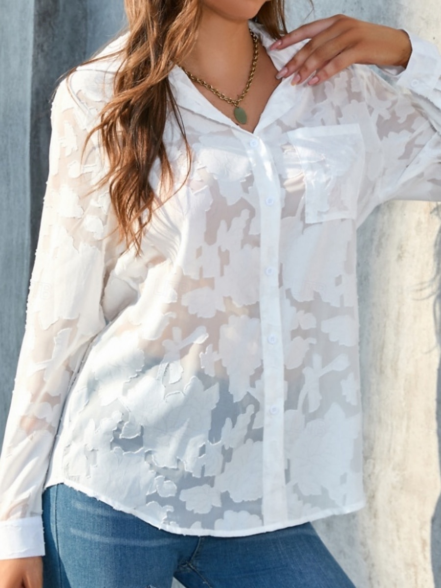 Kvinners hvite elegante blonde topper øyelet bluse uformell ensfarget vanlig topper lang erm skjortekrage knapper lomme vanlig passform daglig romantiske petite topper sommerferie slitasje hvit gul 2025 - $21.99 –P4