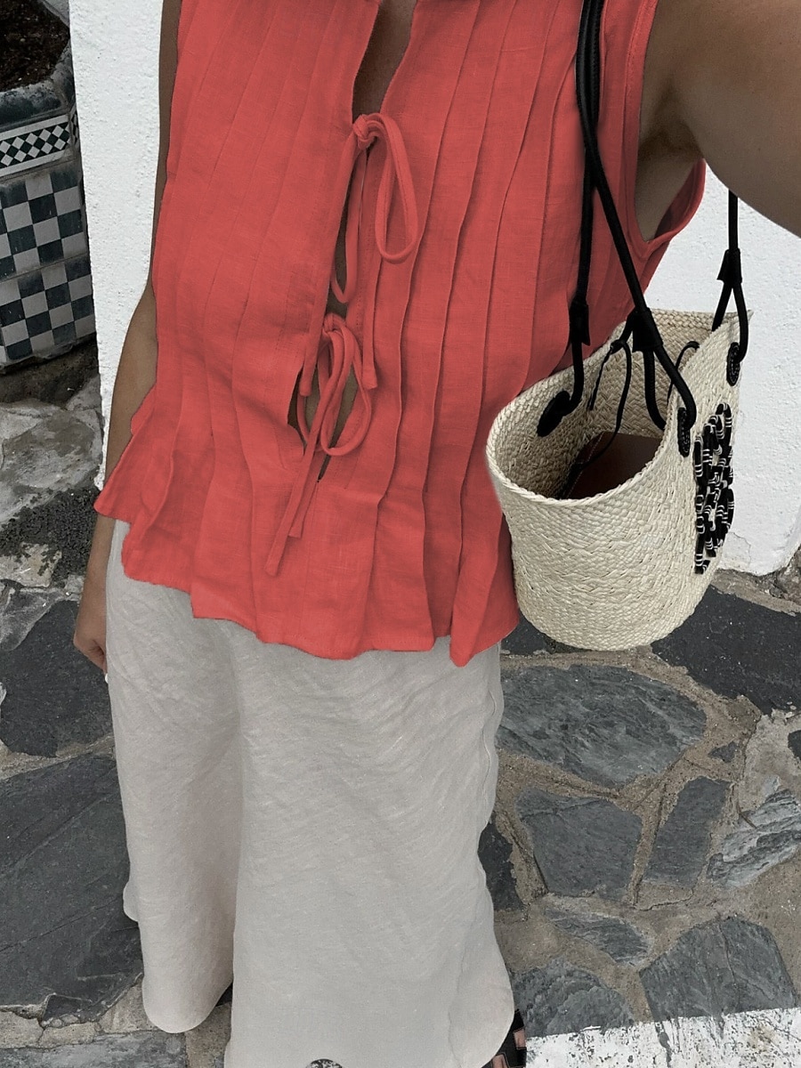 Per donna Abbottonare Camicia in cotone e lino Tinta unica Essenziale Casual Senza Maniche Girocollo Top Regolari Quotidiano Volant Nero Bianco Rosso Estate Primavera del 2025 a $34.99 –P17