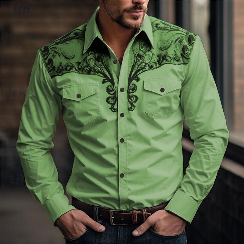 Men's Floral Western Shirt Printed Shirts Long Sleeve Vintage Western Style Daily Wear Going out Weekend Spring & Summer Turndown Pocket Print Button-Down Blue Light Blue White Pink Green 2026 - $31.99 –P4