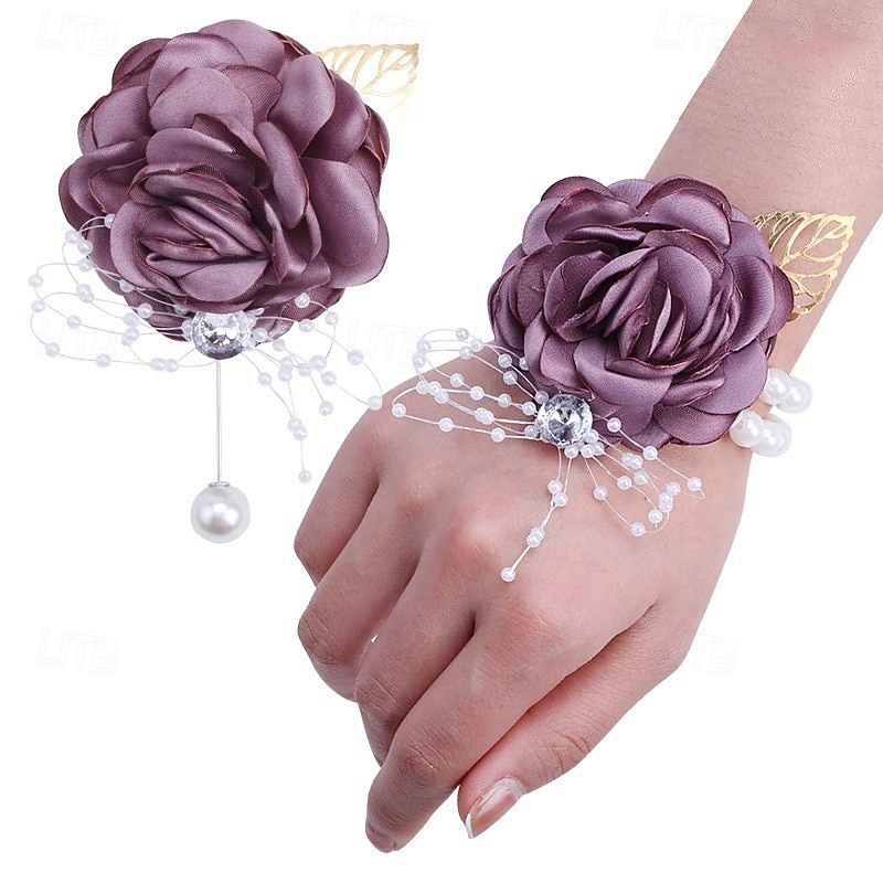 Pachet de 2 set de butoniere pentru încheietura mâinii, trandafir artificial, floare de mătase lucrată manual, pentru flori de nuntă, accesorii, decor costum de bal 2025 - $7.99 –P5
