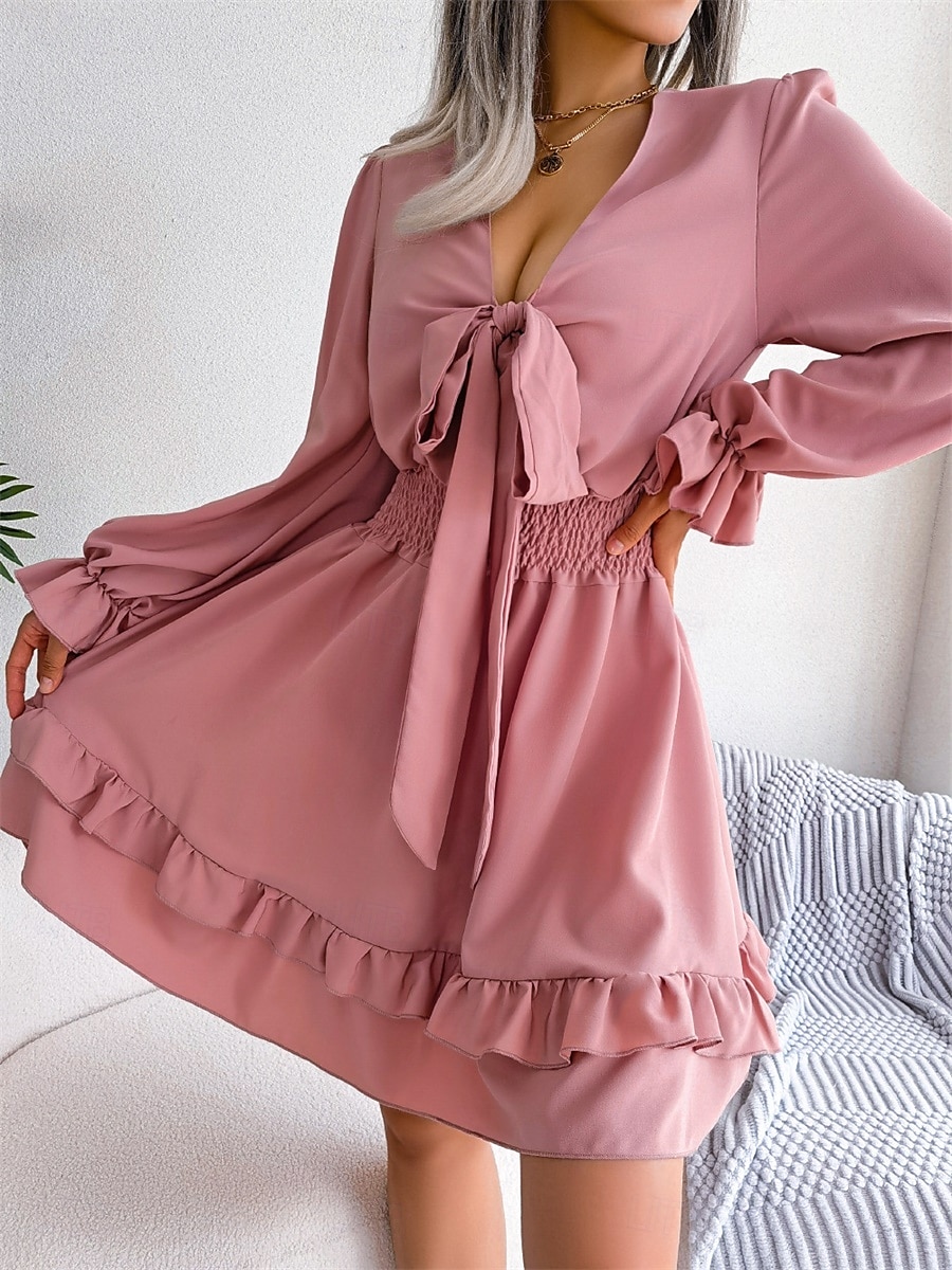 Mujer Mini vestido Vestido informal Vestido de una línea Elegante Estilo lindo Casual Vacaciones Fiesta Diario Ajuste regular Plano Manga Larga Escote en Pico Blanco Rosa Azul Piscina Primavera Otoño 2025 - $35.99 –P2