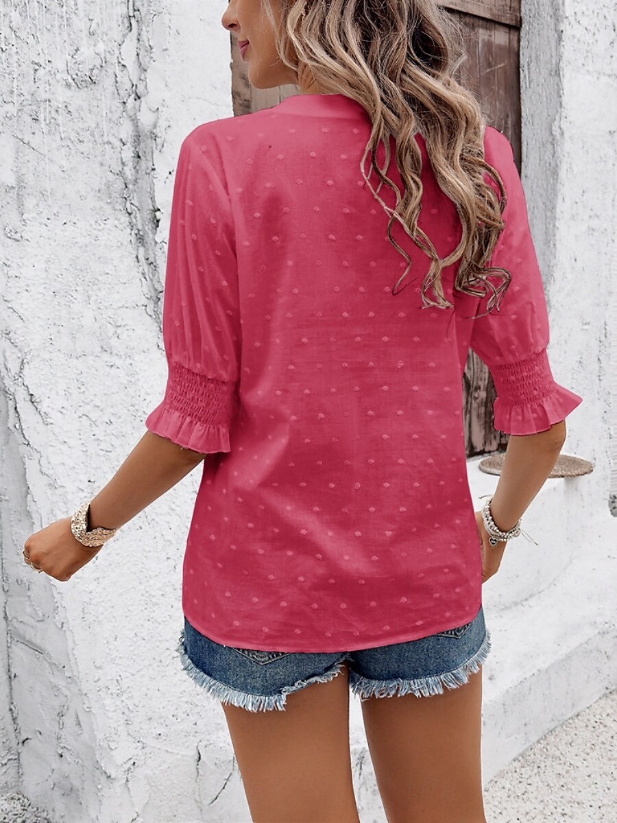 Damen Hemd Bluse Feste Farbe Basic Brautkleider schlicht Halbe Ärmel Gekerbter Hals Normale Oberteile Täglich Bestickt Weiß Rosa Grün Sommer Frühling & Herbst 2025 - $39.99 –P18