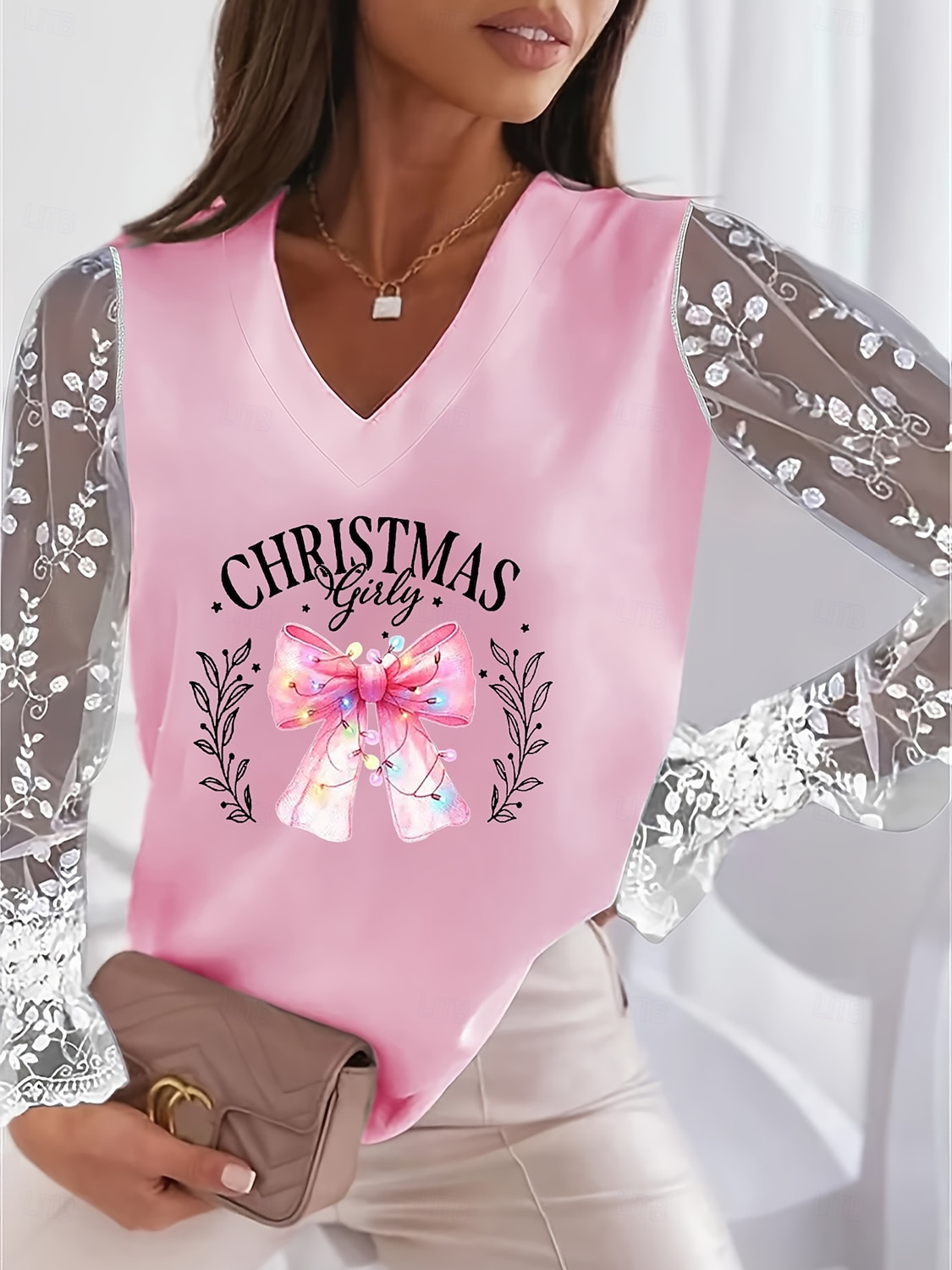 női valentin szív póló csipke toldás felső elegáns divat aranyos szív grafika normál felsők hosszú ujjú lámpás ujjú nyak csipke patchwork rendes fit party valentin nap 2025 - $21.99 –P3