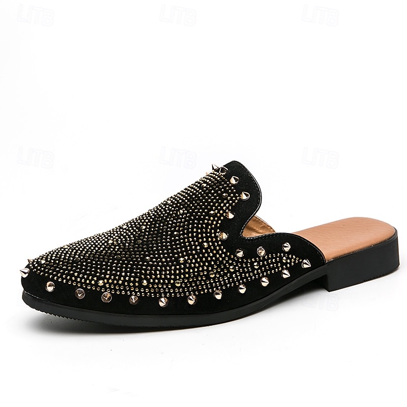 Schwarze Slipper für Herren mit Nieten – mit Strasssteinen verzierte Pantoletten mit auffälligem Design für Partys und Abendgarderobe 2025 - $54.99 –P3