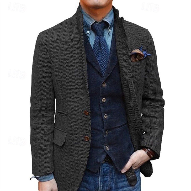 Blazer de tweed retro vintage para hombre, blazer de espiga, chaqueta deportiva, talla grande, botonadura sencilla, dos botones, negro, champán, burdeos, azul 2025 - $95.99 –P4