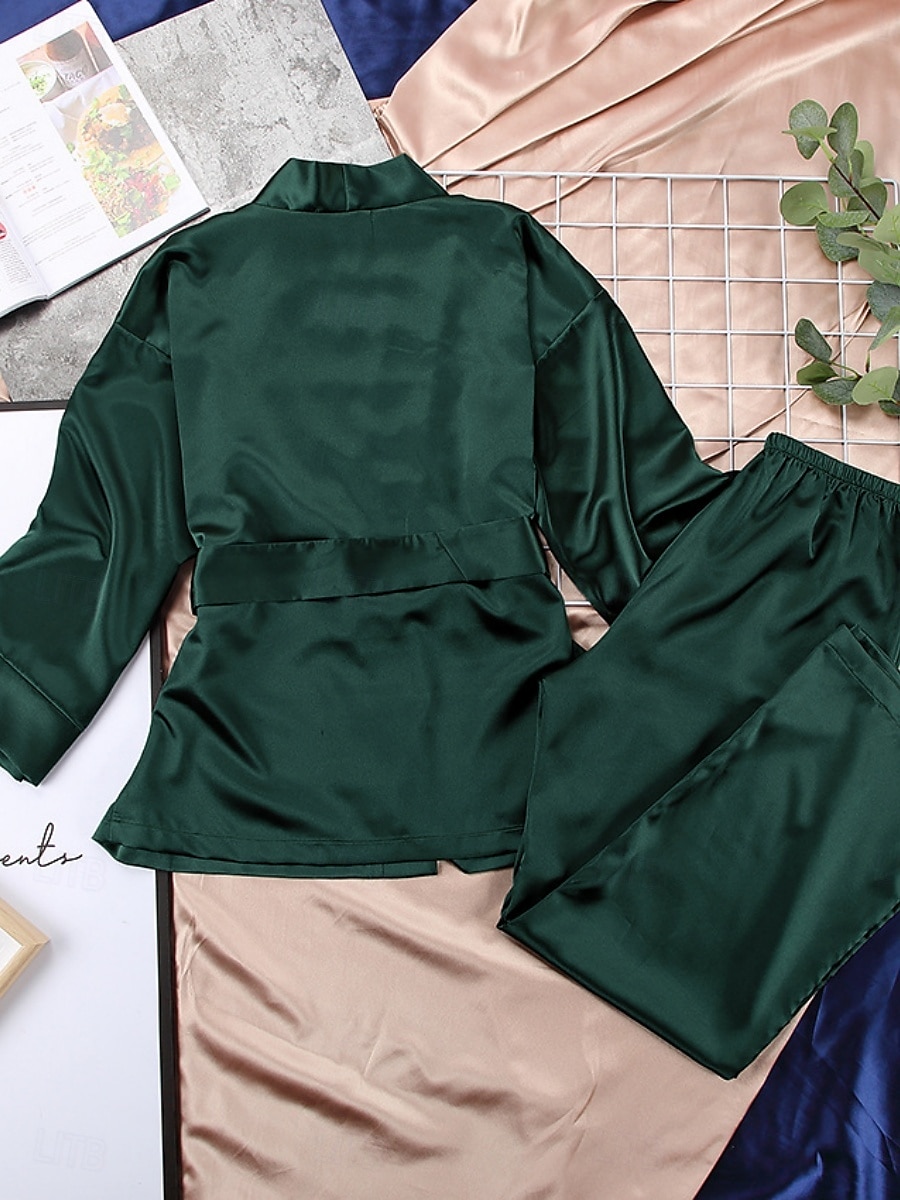 Per donna Set pigiama Informale Comoda Colore puro Vita elastica Top dell'accappatoio Pantalone Interni Giornaliero Mezza manica A V Nero Blu Verde Estate Primavera Autunno Standard del 2025 a $24.99 –P7