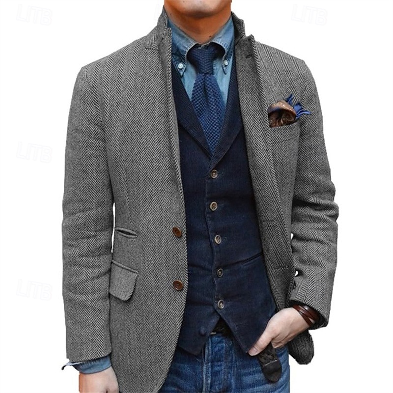 Blazer de tweed retro vintage para hombre, blazer de espiga, chaqueta deportiva, talla grande, botonadura sencilla, dos botones, negro, champán, burdeos, azul 2025 - $95.99 –P11
