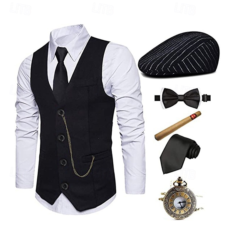 Velký Gatsby Gentleman Gangster Retro Řvoucí 20s 20. léta 20. století Úbory Kamizelka Panamský klobouk Sada příslušenství Pánské Kostým Retro Kostýmová hra Maturitní ples Festival Nákrčník Vánoce 2025 - $44.99 –P19