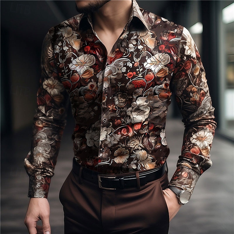 Ostern Herren Blumen Hemd Knopfhemd Langarm Brautkleider schlicht Freizeitskleidung Wochenende Herbst Winter Umlegekragen Bedruckt Button-Down Schwarz Gelb Rote Braun Schwarz+Weiß 2025 - $26.99 –P5