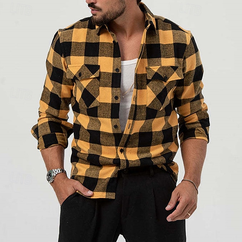 Men's Shirt Summer Shirt Casual Shirt Beach Shirt Button Up Shirt Overshirt Yellow Blue Long Sleeve Plaid Lapel Vacation Hawaiian Button-Down Clothing Apparel Fashion Casual Comfortable 2025 - $25.99 –P1