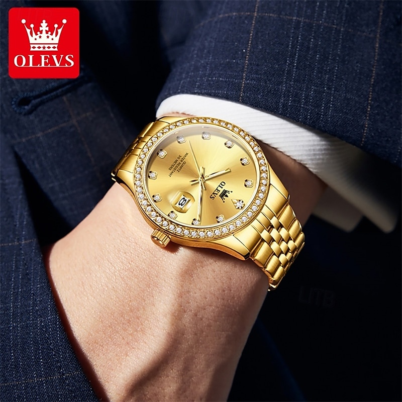New Olevs Olevs Brand High-Grade Business With Diamond Men'S Watch Luminous Calendar Steel Belt Simple Leisure Fashion Quartz Watch Waterproof Sports Men'S Wristwatch 2025 - $36.99 –P13