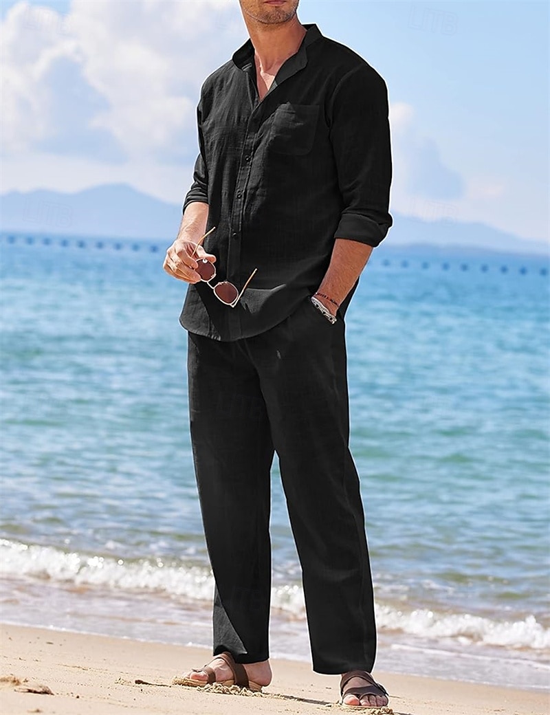 Men's 2 Piece Shirt Set Summer Shirt Matching Sets Beach Shirt Button Up Shirt Plain Vacation Casual Black White Blue Khaki Long Sleeve Collar Spring & Summer Clothing Apparel 2025 - $46.99 –P3