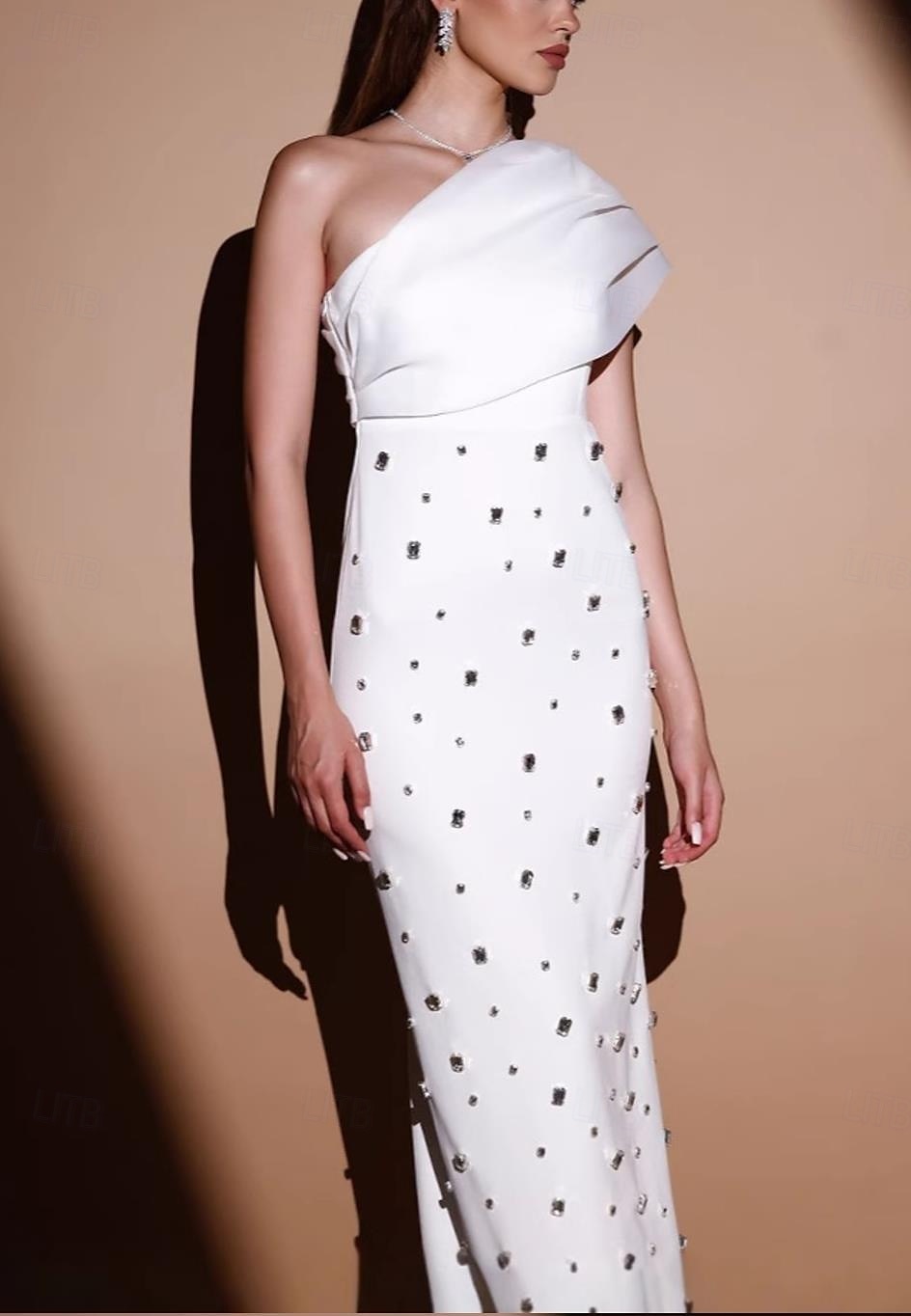Robe de soirée Sheath  Colonne Élégante Robe Invité de mariage Longue crue Sans manches Une épaule mélange de coton avec strass de 2025 ? $130.99 –P3