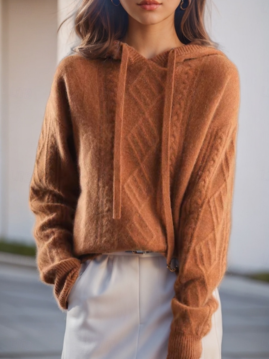 Women's Sweater Casual Soft Pure Color Cable Hooded Knitted Long Sleeve Regular Tops Knit Outdoor Daily Weekend Camel Brown Fall Winter 2025 - $29.99 –P2
