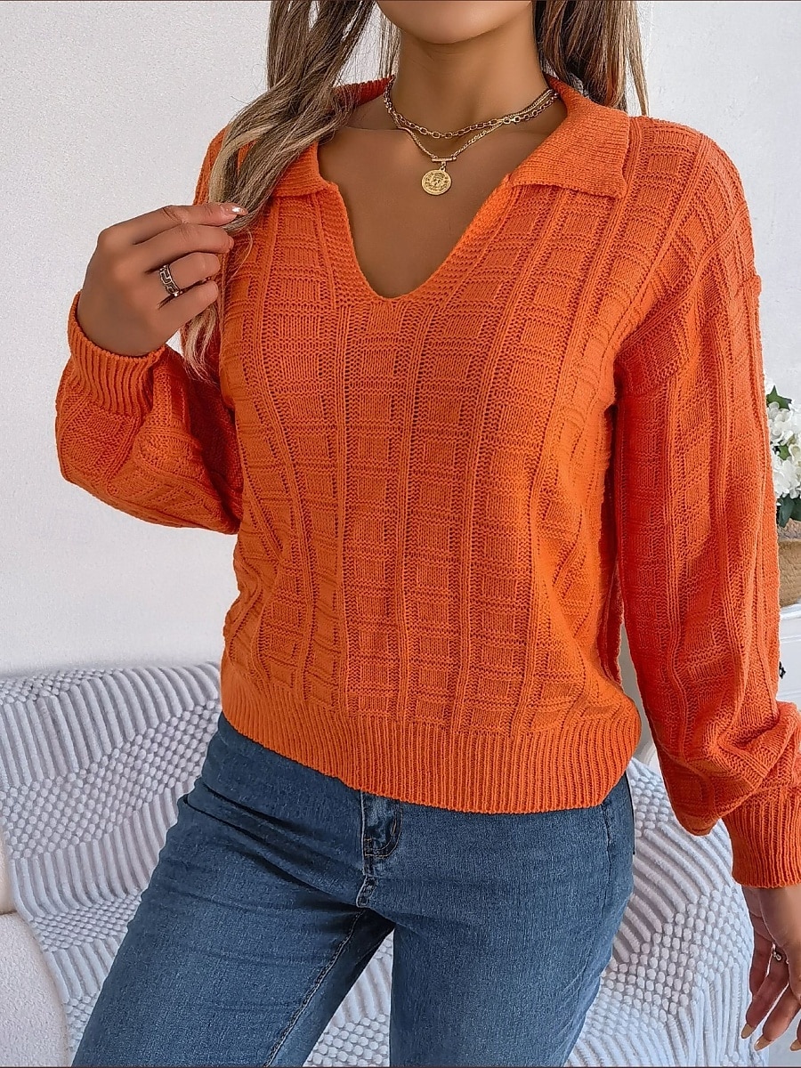 Women's Sweater Casual Soft Pure Color Ribbed V Neck Knitted Long Sleeve Regular Tops Knit Outdoor Daily Weekend White Orange Spring Fall 2025 - $33.99 –P6