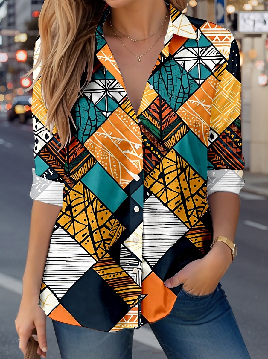 Damenhemd Langarm Knopf-Down Bluse Farbblock Lässiges Hemdkragen Reguliere Tops Alltag Urlaub Knöpfe Druck Orange Frühling Herbst Winter 2025 - $32.99 –P3