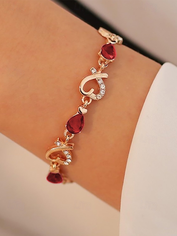 Women's Gold Bracelet with Red Teardrop Crystals and Heart-Shaped Accents, Elegant Romantic Design for Valentine's Day Gift, Weddings, and Special Occasions 2025 - $7.99 –P1
