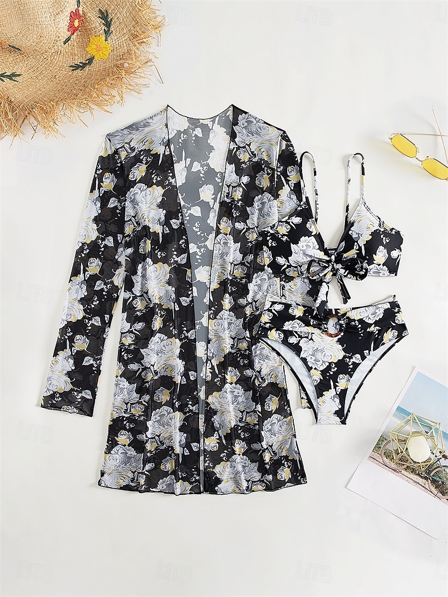 Dames Zwemkleding Driedelig Zwempak Buikcontrole Hoge taille Vakantie Strand Kleding Grafisch V-hals Lange mouw Badpakken 2025 - $33.99 –P7