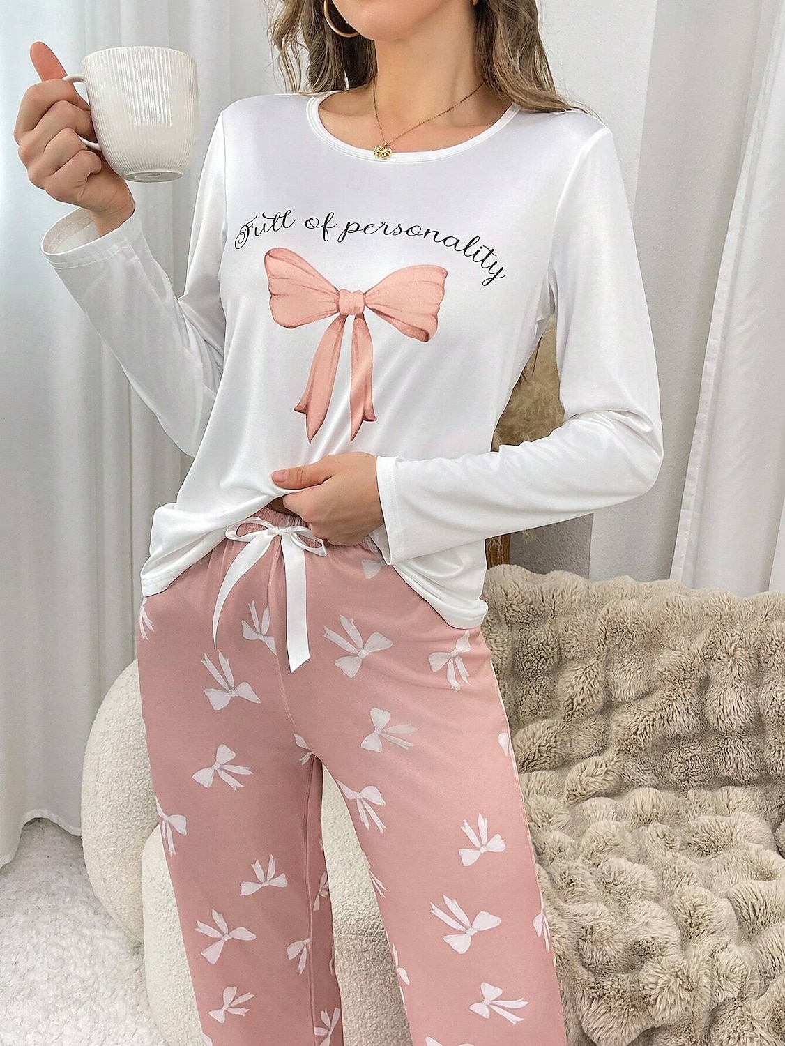 Dam Pyjamas set Ledigt Komfort Comfrt Hjärta T-shirt Byxa Hem Långärmad Rund hals Rodnande Rosa Vår Höst Vinter 2025 - $31.99 –P5