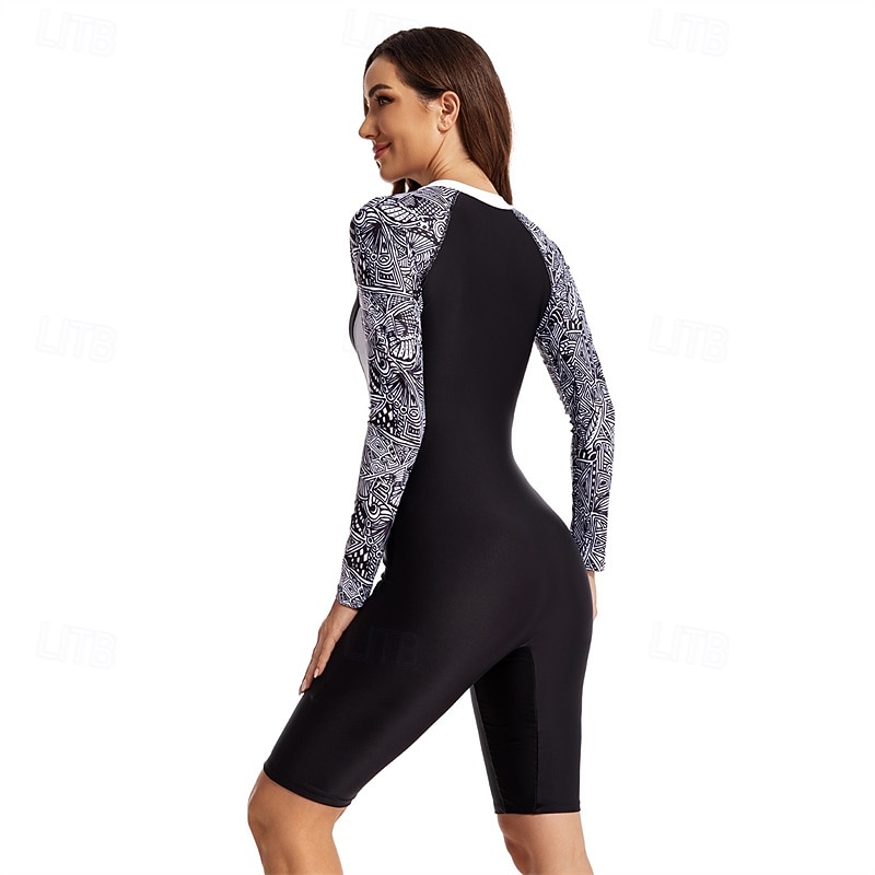 Dame Rash-guard One-Piece Badetøy UV Solbeskyttelse UPF50+ Hurtigtørkende Langermet Spandex Kroppsdrakt Badedrakt Forside Glidelås Svømming Surfing Strand Vannsport Treningsklær Trykket Sommer 2025 - $37.99 –P4