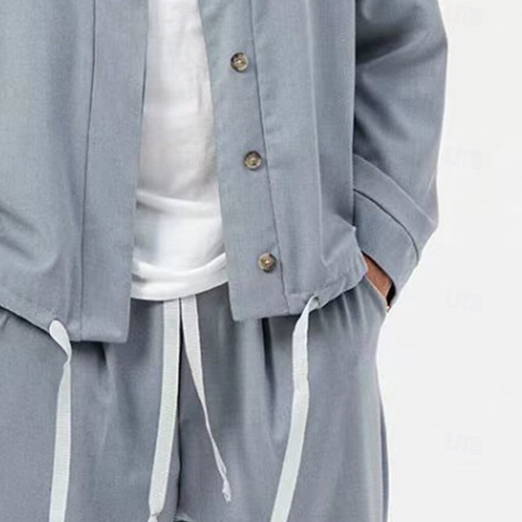 Voor heren 2-delig Overhemdset Bijpassende sets Normaal shirt Effen Dagelijks Uitgaan Zwart Licht Grijs Leger Groen Donkergrijs Lange mouw Zonder Kraag Lente zomer Kleding Elastische tailleband 2025 - $46.99 –P3