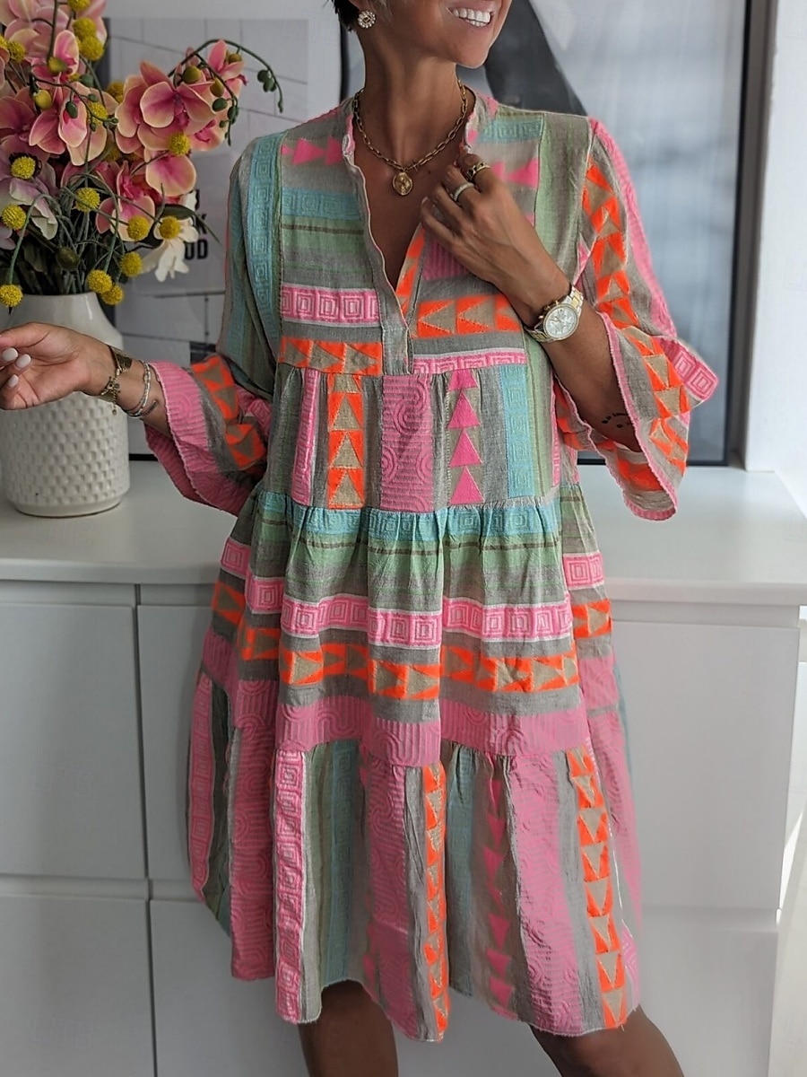 Dámské Mini šaty Volnočasové šaty Swingové šaty Boho šaty Na běžné nošení Denní Běžný Geometrický 3/4 délka rukávu Do V Světlá růžová Léto Jaro Podzim 2025 - $35.99 –P1