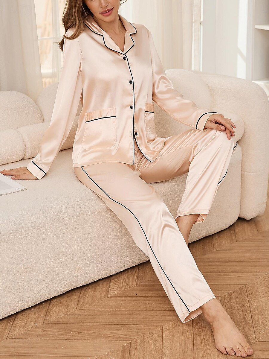 Dame Pyjamas Sett Fritid Komfort Ren farge Elastisk midje Cardigan Bukse Hjem Daglig Langermet Knaphul Champagne Høst Vinter Skreddersydd 2025 - $51.99 –P4
