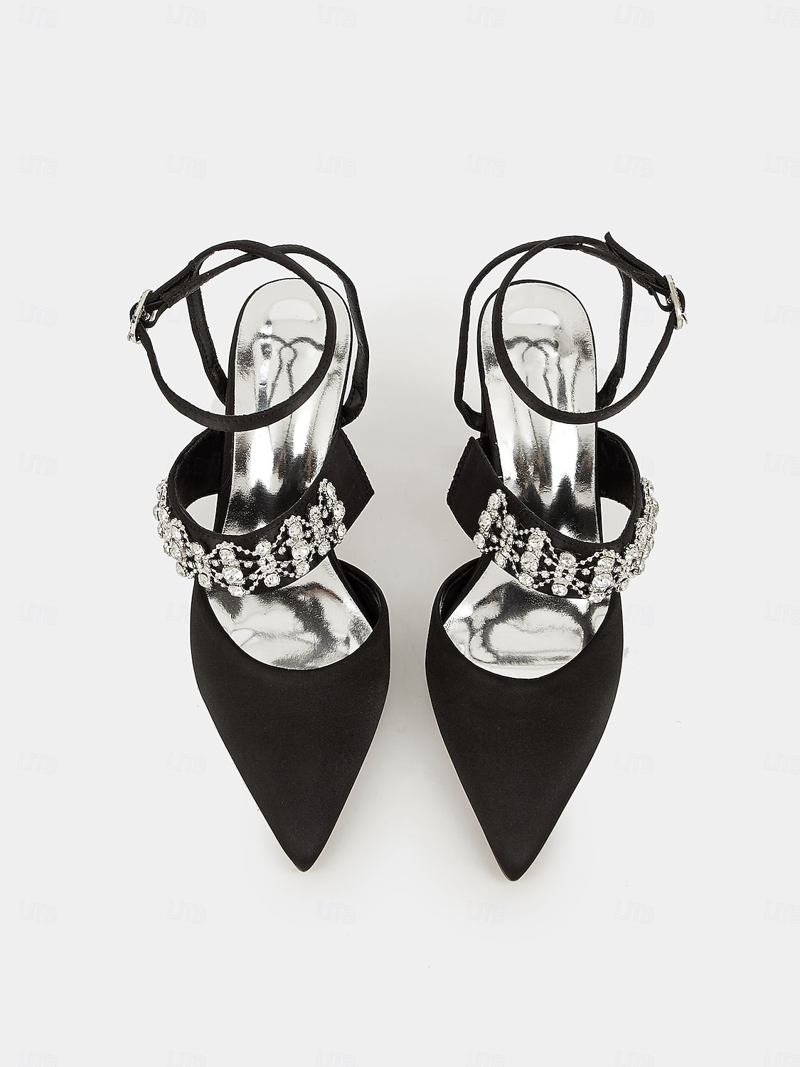 Women's Black Satin Pointed Toe Heels – Rhinestone Embellished Ankle Strap Chunky Heels for Evening Parties and Weddings 2025 - $64.99 –P8