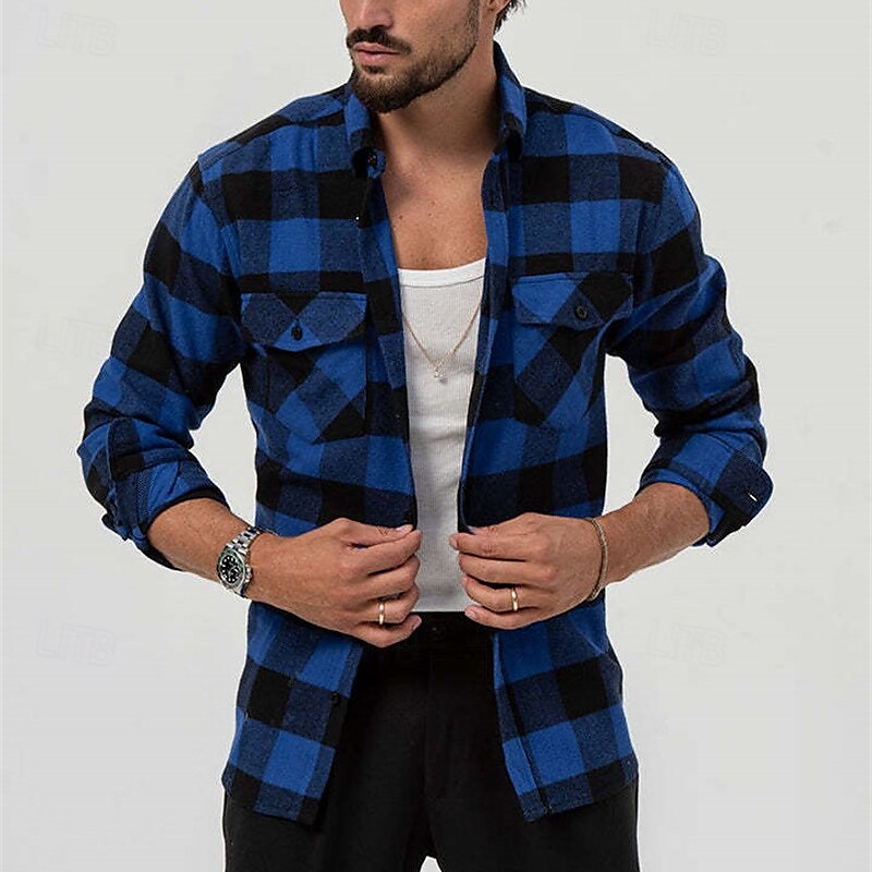 Men's Shirt Summer Shirt Casual Shirt Beach Shirt Button Up Shirt Overshirt Yellow Blue Long Sleeve Plaid Lapel Vacation Hawaiian Button-Down Clothing Apparel Fashion Casual Comfortable 2025 - $25.99 –P11