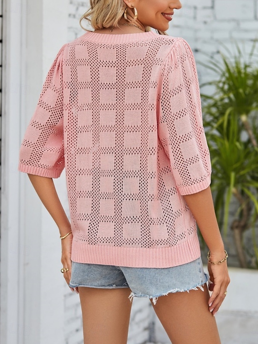 2025年 女性用 ニット カジュアル ソフト ピュアカラー リブ クルーネック ニット 七分袖 レギュラートップス ニット アウトドア 日常 週末 ホワイト ピンク 春 秋  コレクション – $27.99 –P2