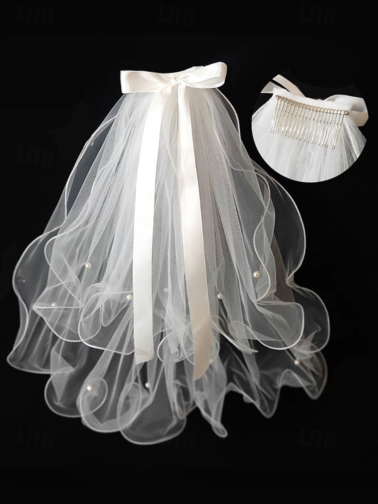 elegante ivoren bruidssluier met satijnen lint - zachte tule en satijnen afwerking perfect voor een dromerige bruiloft 2025 - $9.99 –P12