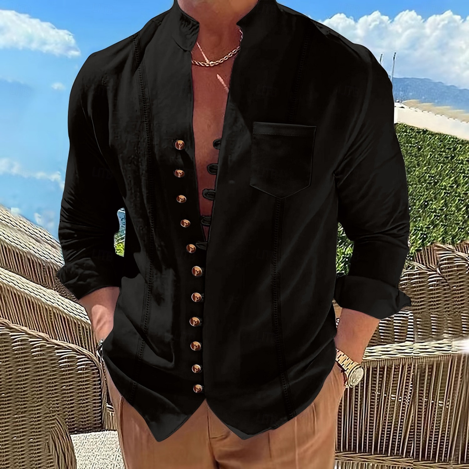 Per uomo Camicia Camicia di lino Camicia Guayabera Camicia Estiva Camicia casual Camicia con Bottoni Semplice Vacanza Crociera Nero Bianco Rosa Cachi Manica Lunga Colletto alla coreana Estate del 2025 a $26.99 –P4