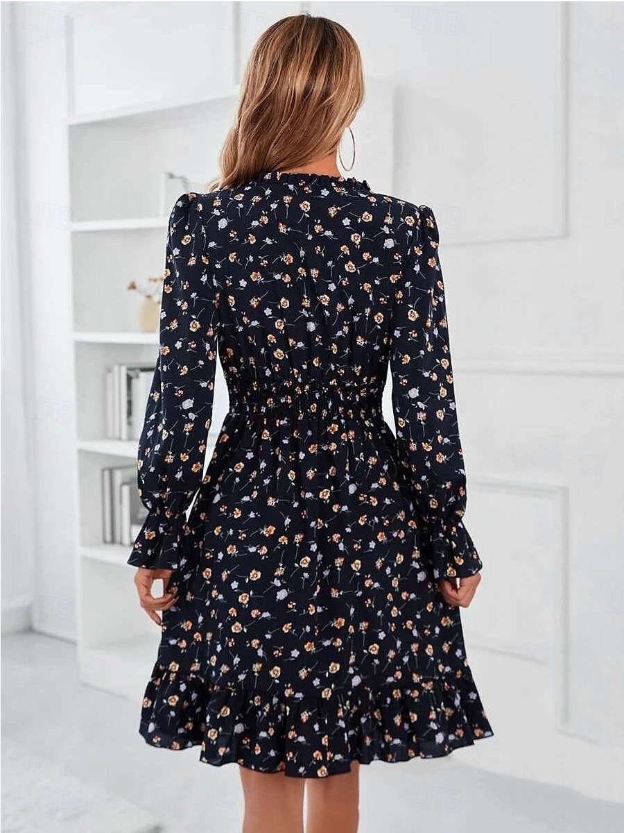 Damen Normal Midikleid Chiffon-Kleid Elegant Vintage Täglich Verabredung Regular Fit Blumen Graphic Langarm V Ausschnitt Schwarz Marineblau Blau Frühling Herbst 2025 - $39.99 –P5