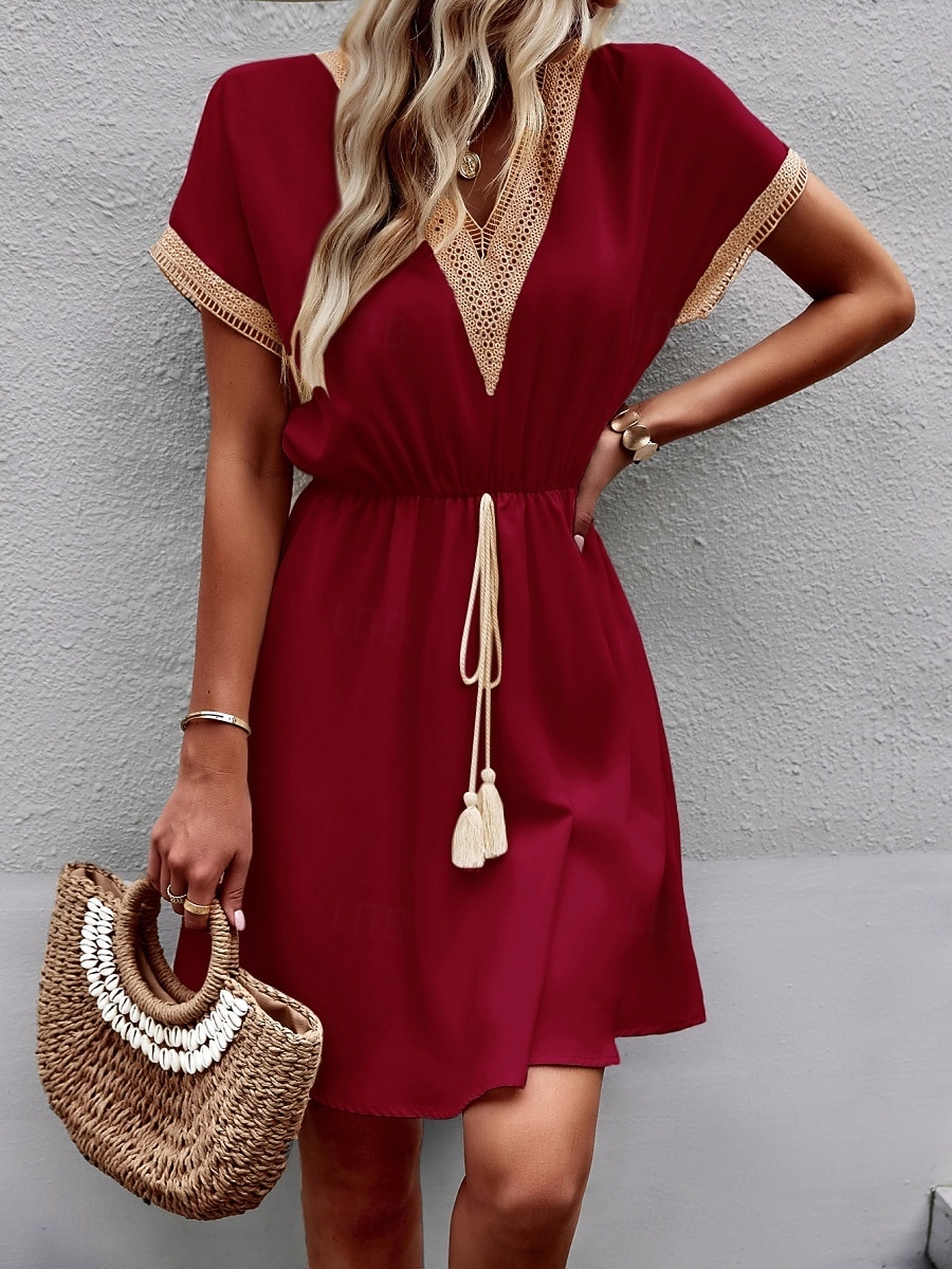 Dames Mini-jurk Casual jurk A lijn jurk Stijlvol Basic Casual Vakantie Dagelijks Normale pasvorm Effen Korte mouw V-hals Wijn blauw Zomer Lente 2025 - $36.99 –P8