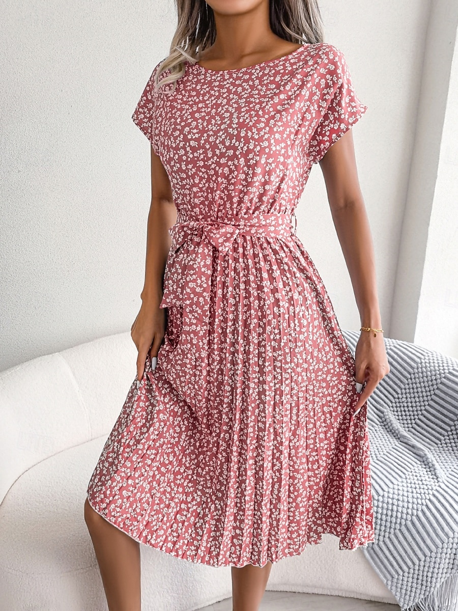 Women's Midi Dress Casual Dress A Line Dress Stylish Casual Vacation Daily Regular Fit Floral Short Sleeve Crew Neck Pink Light Blue Summer Spring 2025 - $36.99 –P8