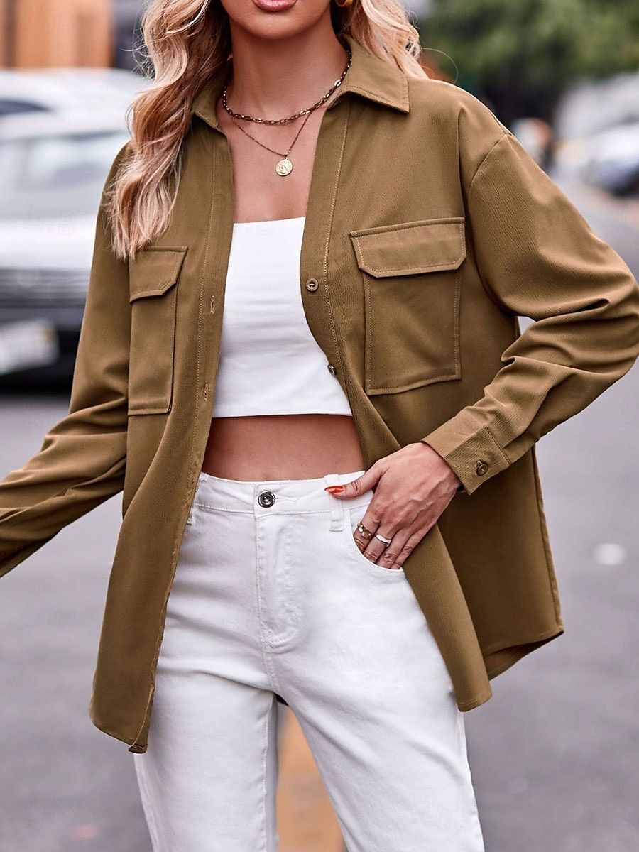 Dames Overhemd Effen Kleur Stijlvol Casual Lange mouw Overhemdkraag Normale tops Feest Werk Dagelijks Zak Leger Groen Rood Kameel Lente Herfst Winter 2025 - $24.99 –P4