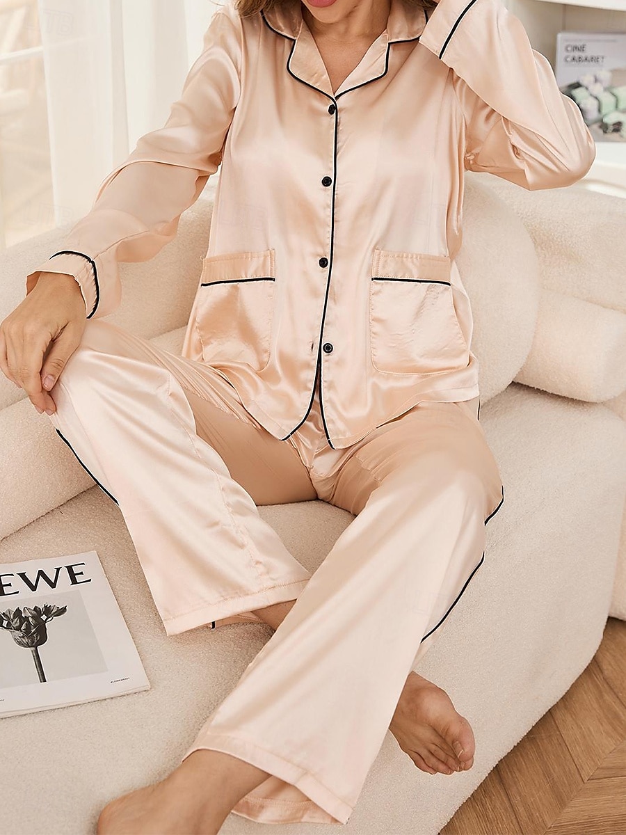 Dame Pyjamas Sett Fritid Komfort Ren farge Elastisk midje Cardigan Bukse Hjem Daglig Langermet Knaphul Champagne Høst Vinter Skreddersydd 2025 - $51.99 –P2