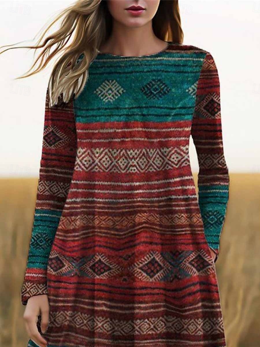 mini robe à col rond géométrique pour femme à manches longues été printemps de 2025 ? $23.99 –P2