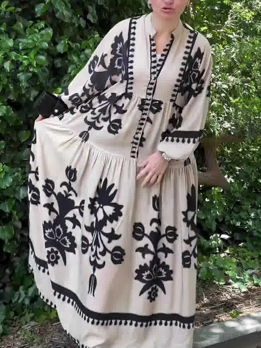 Women's Maxi Dress Casual Dress Swing Dress Boho Dress Vintage Ethnic Casual Vacation Daily Regular Fit Floral Long Sleeve Notched Neck Black White Spring Fall 2025 - $49.99 –P5