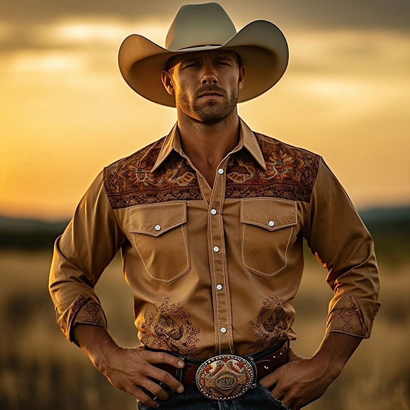 Hombre Tribal Impresión de pañuelo Camisa camisa occidental Manga Larga Camisa Cuello Vuelto Vintage Exterior Calle Casual Diario Rosa Rojo Azul S M L 2026 - $14.49 –P15