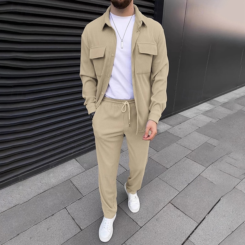 Per uomo 2 pezzi Completo di camicia Set abbinati Maglietta informale Camicia di velluto a coste Camicia con bottoni Nero Marrone Verde Kaki Grigio Manica lunga Liscio Colletto Strada Giornaliero del 2025 a $47.99 –P5