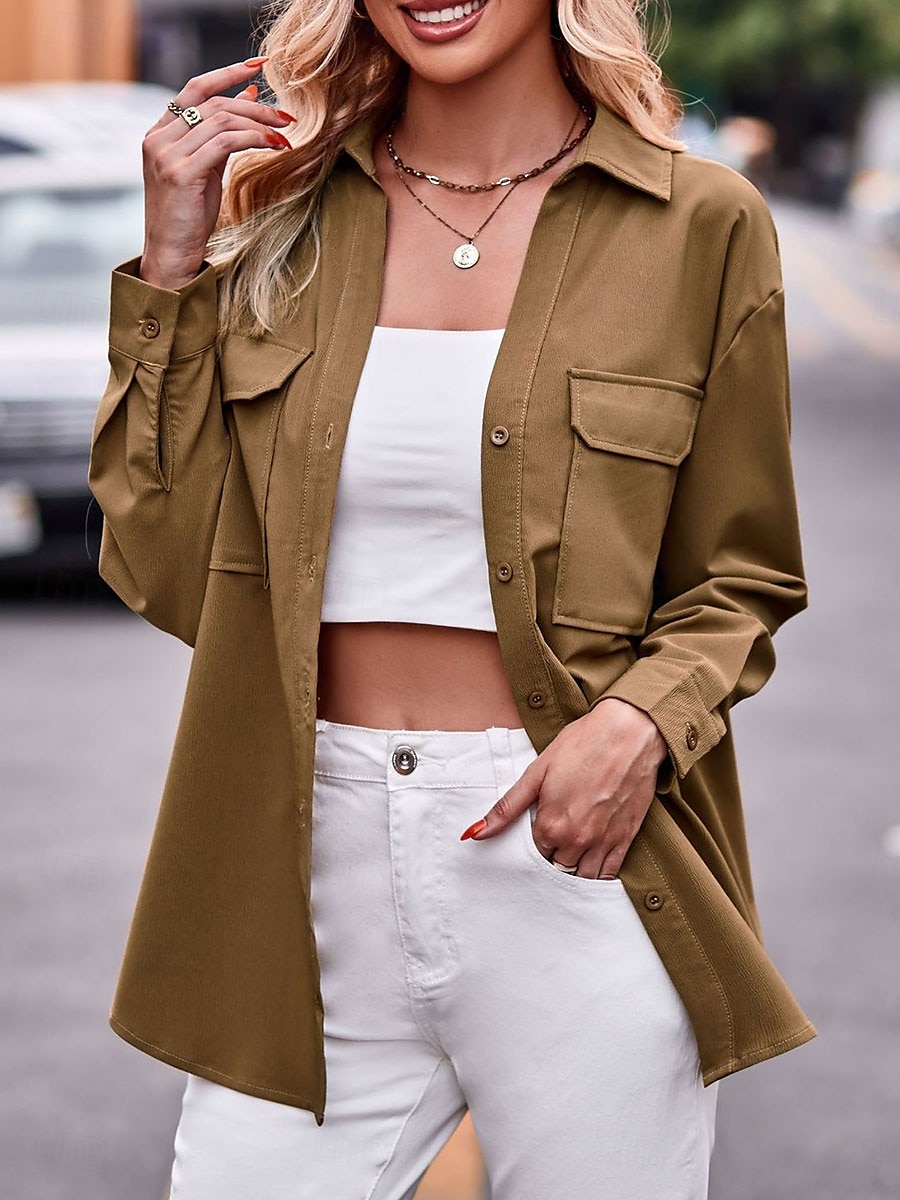 Dames Overhemd Effen Kleur Stijlvol Casual Lange mouw Overhemdkraag Normale tops Feest Werk Dagelijks Zak Leger Groen Rood Kameel Lente Herfst Winter 2025 - $24.99 –P3