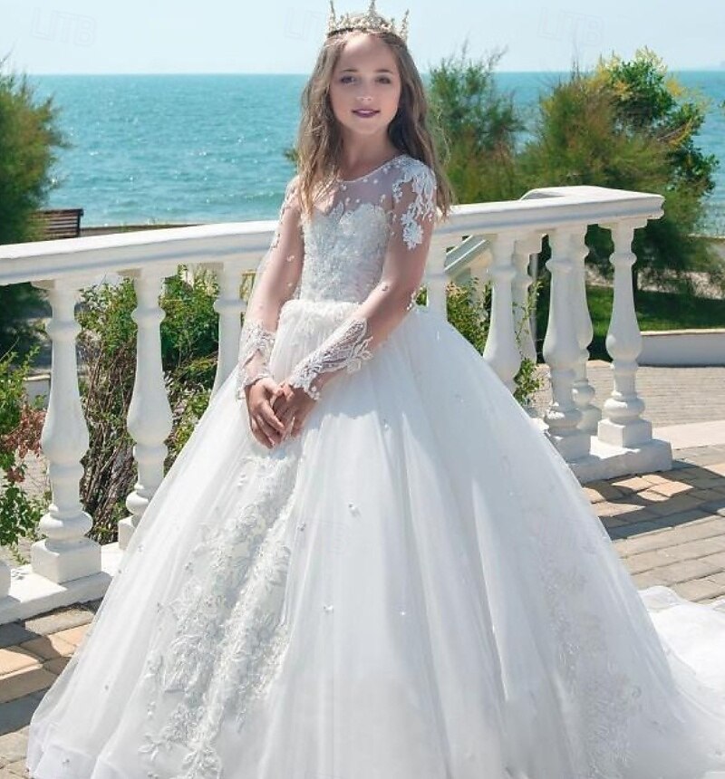 kinderkleidung Mädchen Kleid für die Erstkommunion Party Kleid Feste Farbe Ärmellos Langarm Leistung Hochzeit Party Gitter Prinzessin Süß Gitter Mitte der Wade Etuikleid Tüll-Kleid Sommer Frühling 2025 - $103.99 –P1