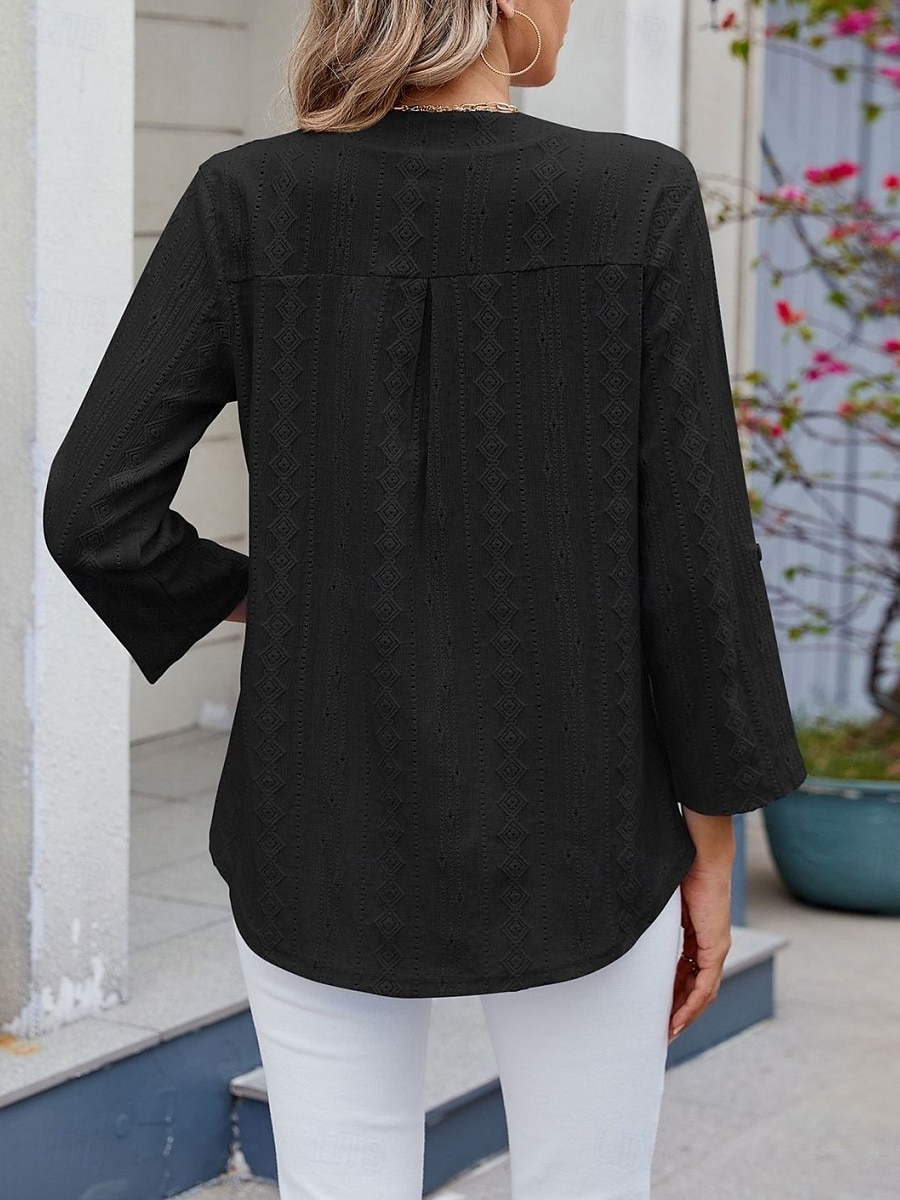 Damen Hemd Bluse Feste Farbe Basic Brautkleider schlicht Langarm V Ausschnitt Normale Oberteile Täglich Öse Schwarz Weiß Blau Frühling Herbst 2025 - $27.99 –P9